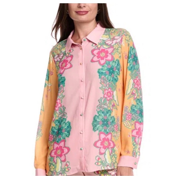 T Tahari Tops - T Tahari Pink and Yellow Floral Button-Down Shirt